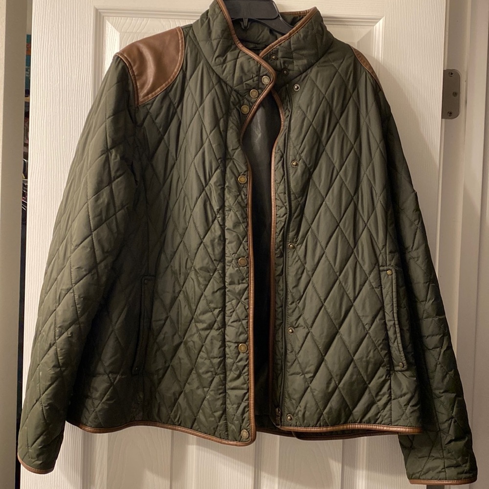 Green quilted jacket with leather accents